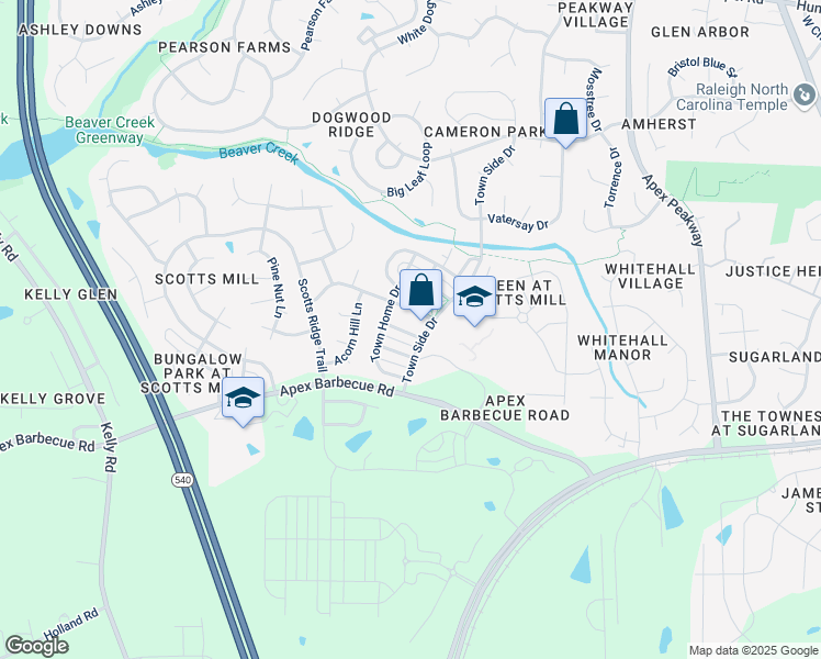 map of restaurants, bars, coffee shops, grocery stores, and more near 449 Heritage Village Lane in Apex