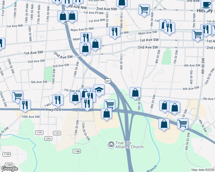 map of restaurants, bars, coffee shops, grocery stores, and more near 530 11th Street Place Southwest in Hickory