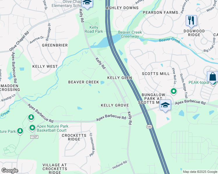 map of restaurants, bars, coffee shops, grocery stores, and more near 2226 Winston Circle in Apex