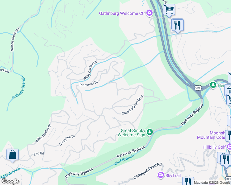 map of restaurants, bars, coffee shops, grocery stores, and more near 920 Crooked Ridge Road in Gatlinburg