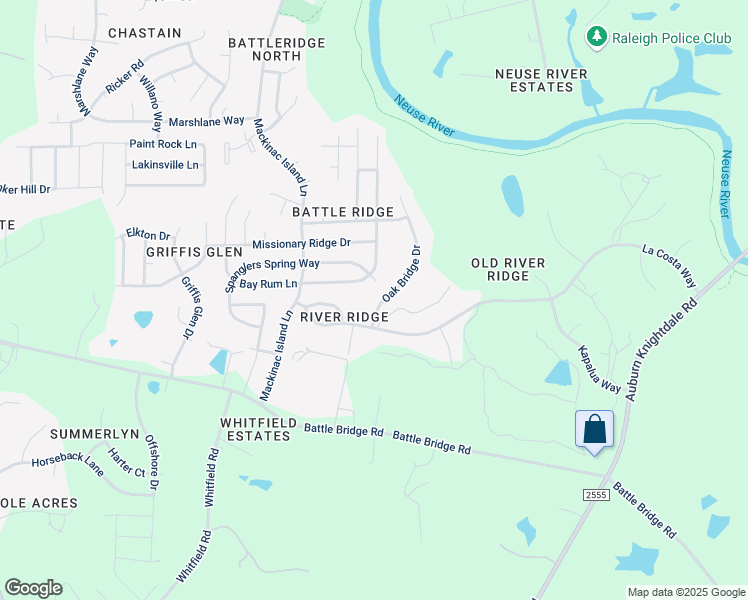 map of restaurants, bars, coffee shops, grocery stores, and more near 3020 Oak Bridge Drive in Raleigh