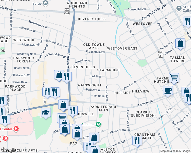 map of restaurants, bars, coffee shops, grocery stores, and more near 3rd Street West in Wilson