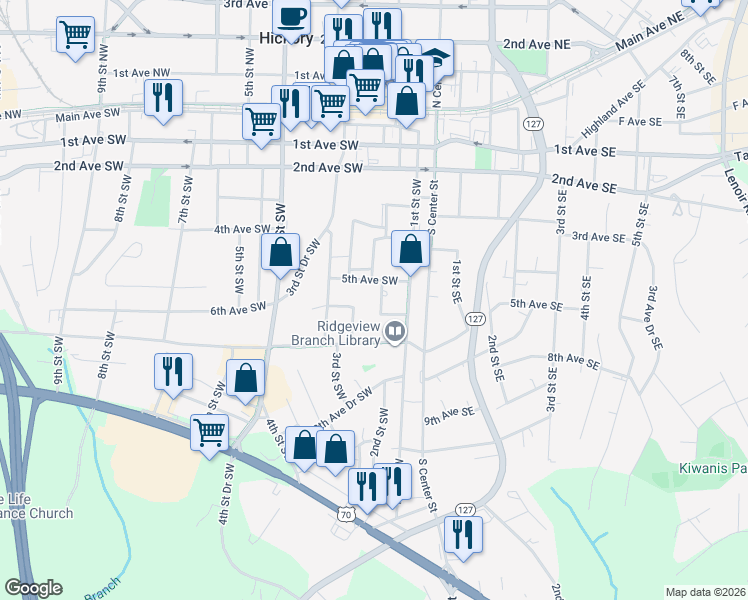map of restaurants, bars, coffee shops, grocery stores, and more near 520 2nd Street Southwest in Hickory