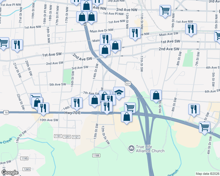 map of restaurants, bars, coffee shops, grocery stores, and more near 1218 6th Avenue Southwest in Hickory