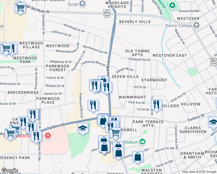map of restaurants, bars, coffee shops, grocery stores, and more near North Carolina 42 in Wilson