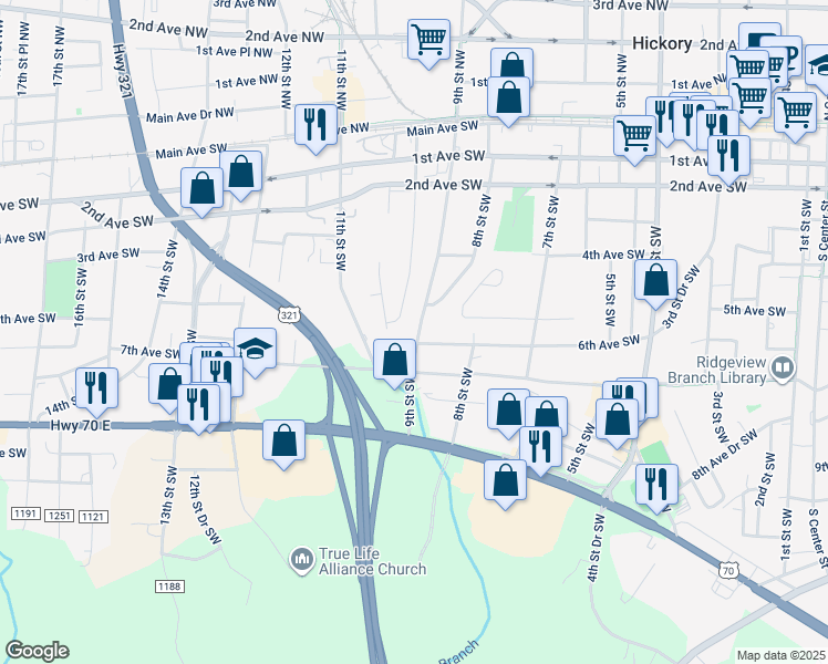 map of restaurants, bars, coffee shops, grocery stores, and more near 522 9th Street Southwest in Hickory
