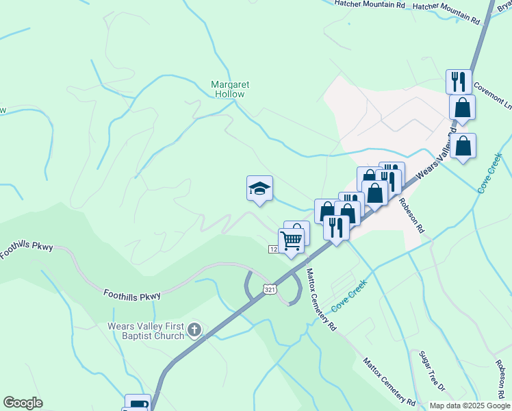 map of restaurants, bars, coffee shops, grocery stores, and more near 3150 Wearwood Drive in Sevierville