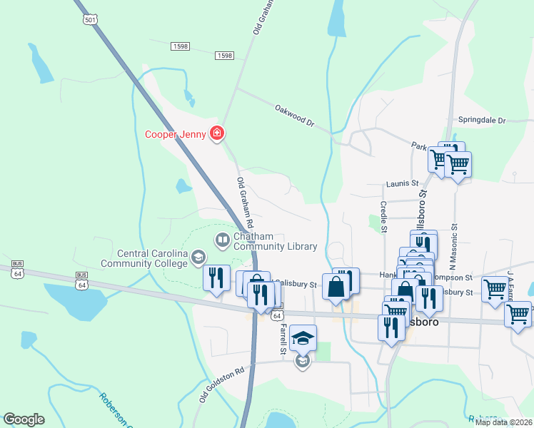 map of restaurants, bars, coffee shops, grocery stores, and more near 43 West Field Street in Pittsboro