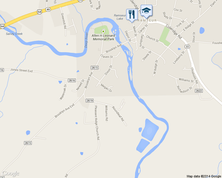 map of restaurants, bars, coffee shops, grocery stores, and more near 2405 Taylor Court in Ramseur