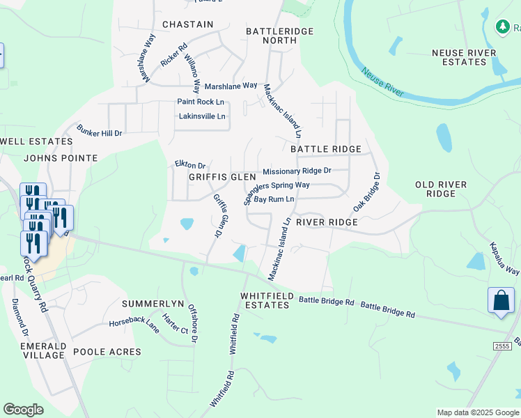 map of restaurants, bars, coffee shops, grocery stores, and more near 3919 Alder Grove Lane in Raleigh