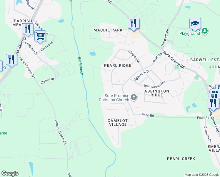 map of restaurants, bars, coffee shops, grocery stores, and more near 4116 Pearl Road in Raleigh