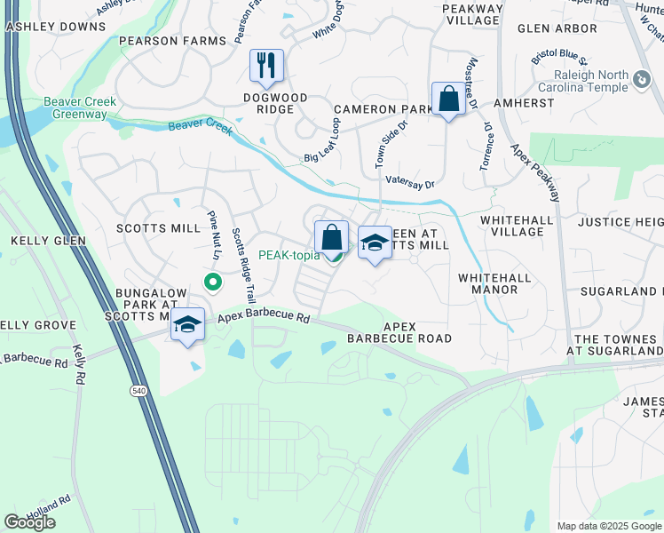 map of restaurants, bars, coffee shops, grocery stores, and more near 1500 Town Side Drive in Apex