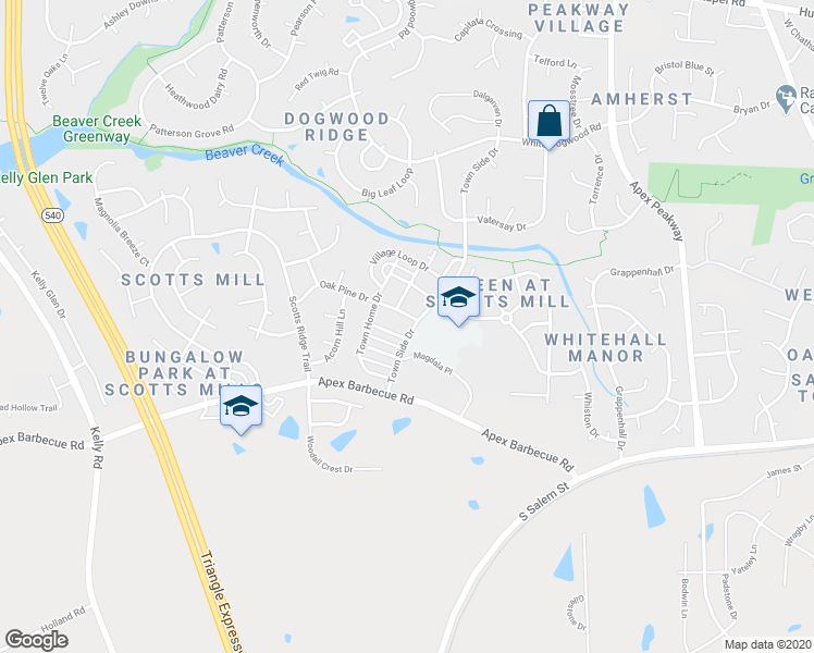 map of restaurants, bars, coffee shops, grocery stores, and more near 1500 Town Side Drive in Apex