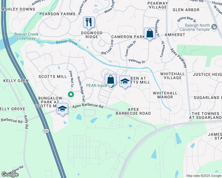 map of restaurants, bars, coffee shops, grocery stores, and more near 1500 Town Side Drive in Apex