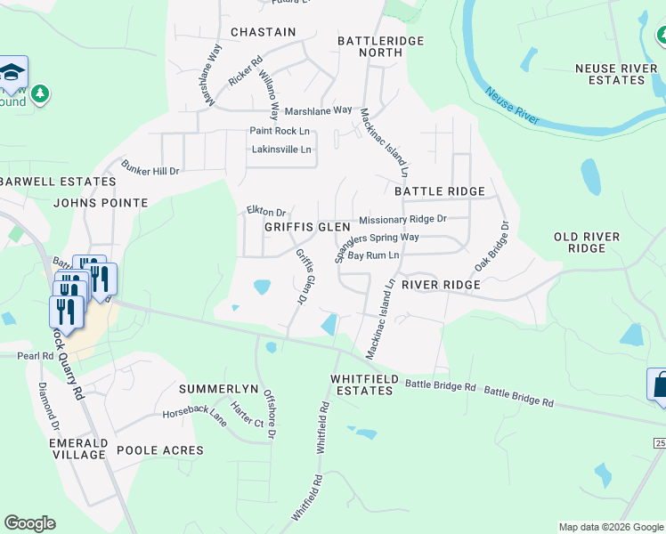 map of restaurants, bars, coffee shops, grocery stores, and more near 6915 Spanglers Spring Way in Raleigh
