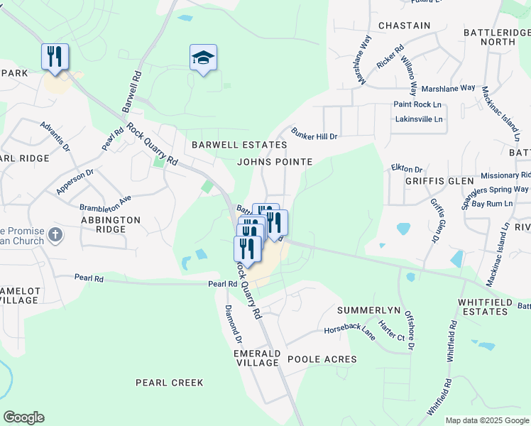 map of restaurants, bars, coffee shops, grocery stores, and more near 4025 Cane Garden Drive in Raleigh