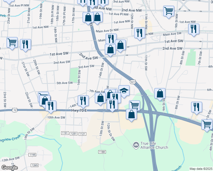 map of restaurants, bars, coffee shops, grocery stores, and more near 528 13th Street Southwest in Hickory
