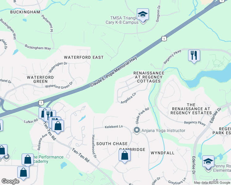 map of restaurants, bars, coffee shops, grocery stores, and more near 622 Angelica Circle in Cary