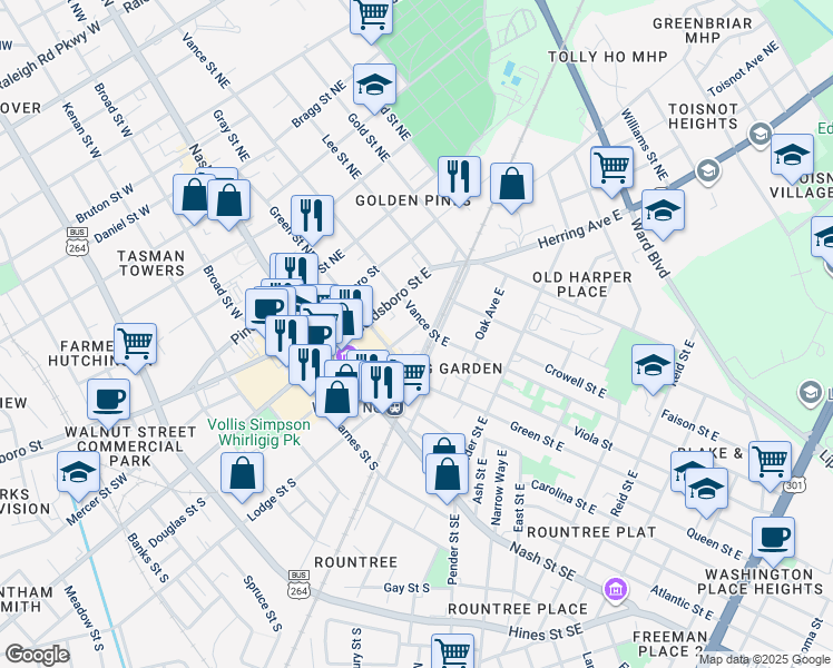 map of restaurants, bars, coffee shops, grocery stores, and more near 210 Douglas Street East in Wilson