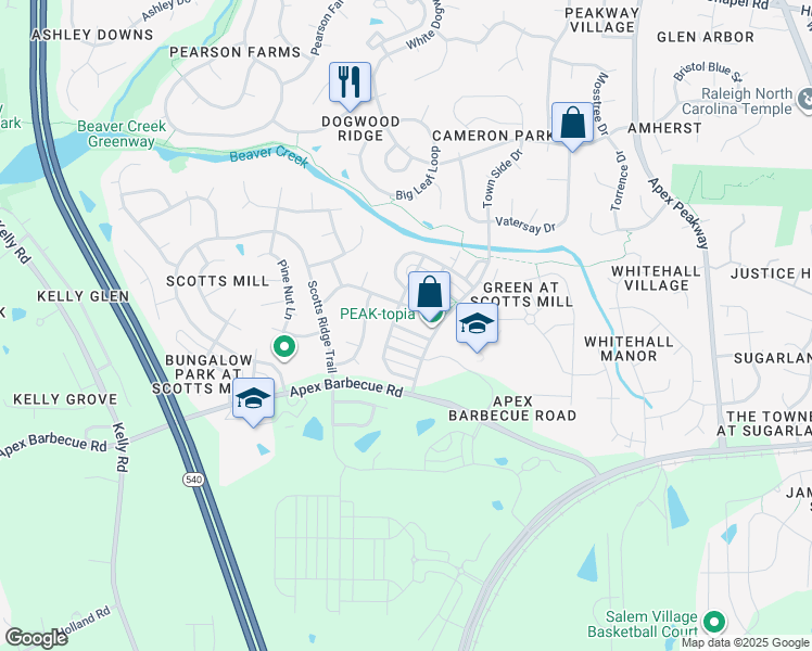 map of restaurants, bars, coffee shops, grocery stores, and more near 419 Heritage Village Lane in Apex