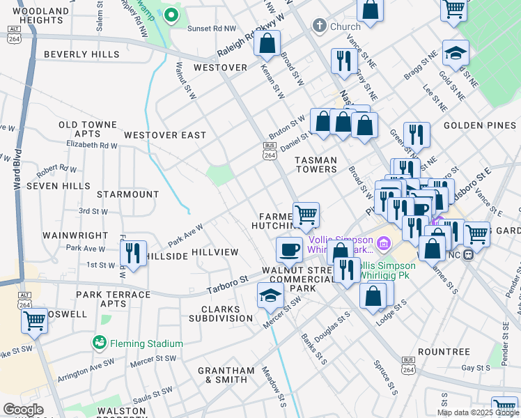 map of restaurants, bars, coffee shops, grocery stores, and more near 222 Walnut Street West in Wilson