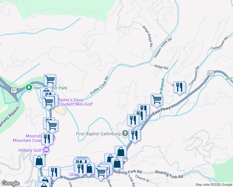 map of restaurants, bars, coffee shops, grocery stores, and more near 204 West Pinnacle Drive in Gatlinburg