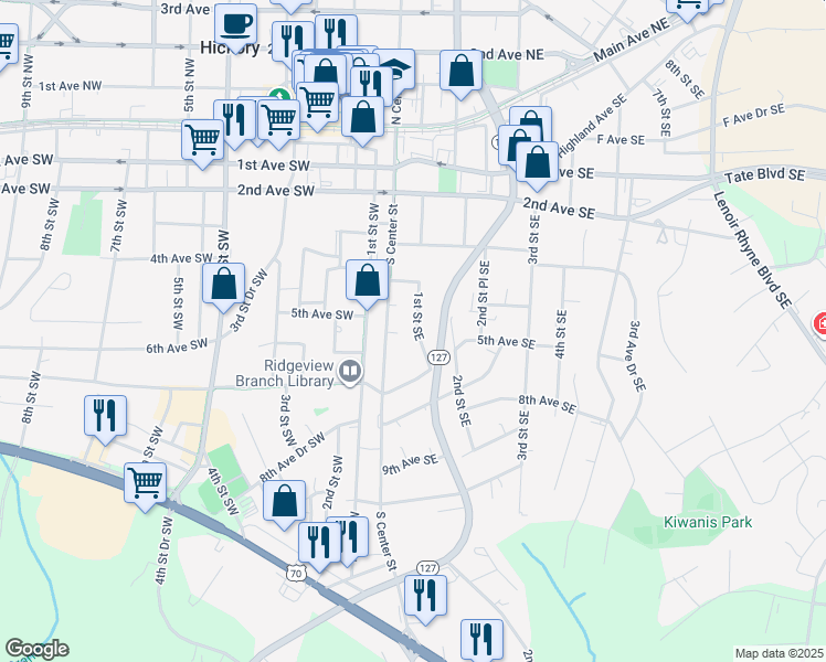map of restaurants, bars, coffee shops, grocery stores, and more near 456 1st Street Southeast in Hickory