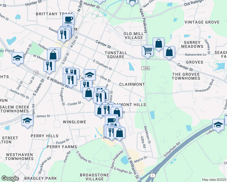map of restaurants, bars, coffee shops, grocery stores, and more near 213 Wrenn Street in Apex