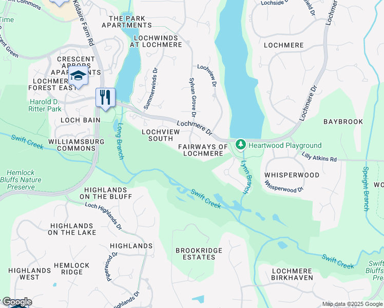 map of restaurants, bars, coffee shops, grocery stores, and more near 103 Greenstone Lane in Cary
