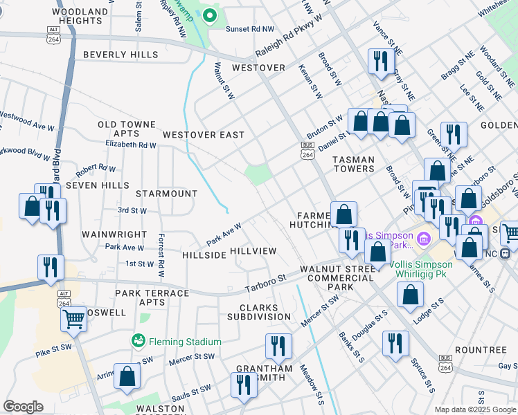map of restaurants, bars, coffee shops, grocery stores, and more near 614 Park Avenue West in Wilson