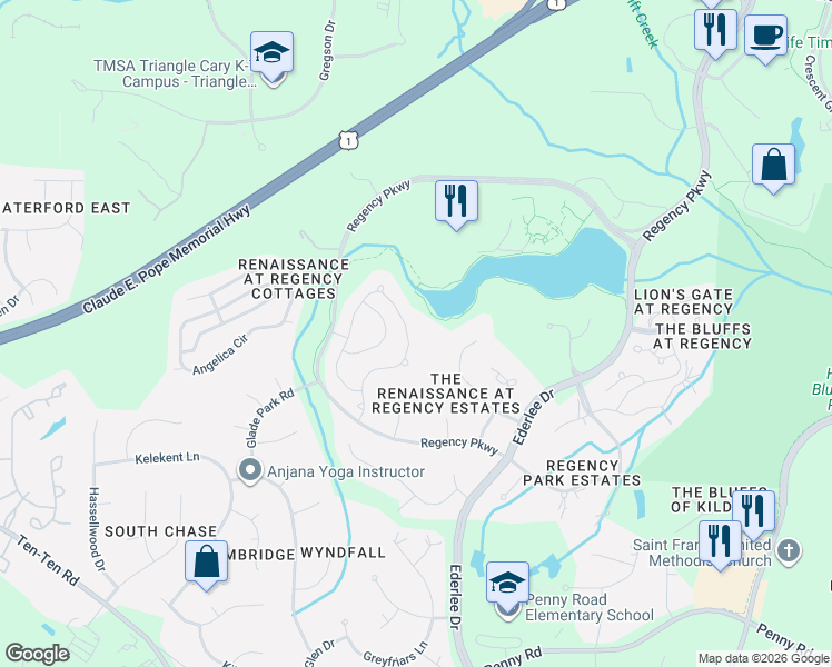 map of restaurants, bars, coffee shops, grocery stores, and more near 222 Michelangelo Way in Cary