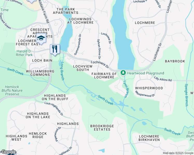 map of restaurants, bars, coffee shops, grocery stores, and more near 103 Greenstone Lane in Cary