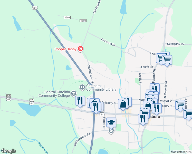 map of restaurants, bars, coffee shops, grocery stores, and more near 43 West Field Street in Pittsboro