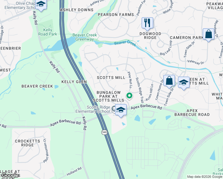 map of restaurants, bars, coffee shops, grocery stores, and more near 107 Forestcrest Court in Apex