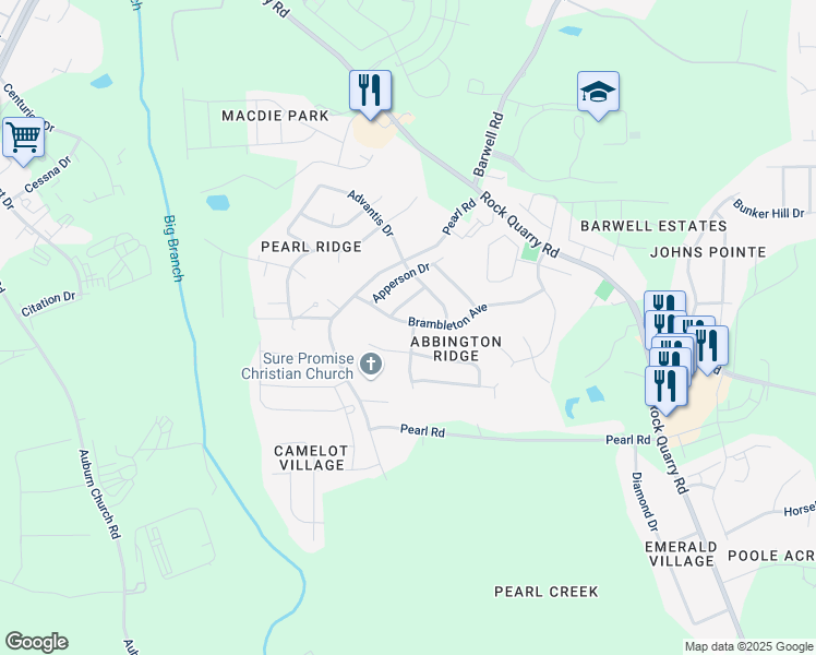 map of restaurants, bars, coffee shops, grocery stores, and more near 5740 Brambleton Avenue in Raleigh
