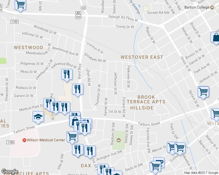 map of restaurants, bars, coffee shops, grocery stores, and more near 1106 3rd Street West in Wilson