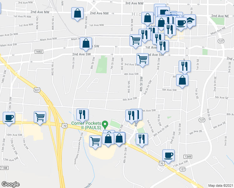 map of restaurants, bars, coffee shops, grocery stores, and more near 611 5th Avenue Southwest in Hickory