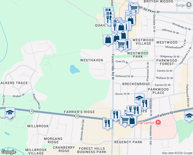 map of restaurants, bars, coffee shops, grocery stores, and more near 2219 Crescent Drive West in Wilson