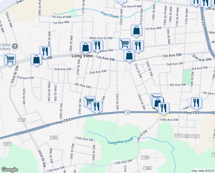 map of restaurants, bars, coffee shops, grocery stores, and more near 340 24th Street Northwest in Hickory