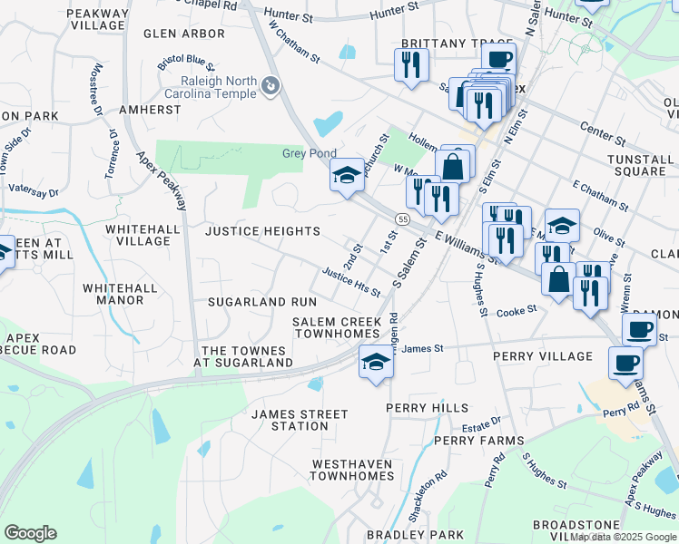 map of restaurants, bars, coffee shops, grocery stores, and more near 300 Justice Heights Street in Apex