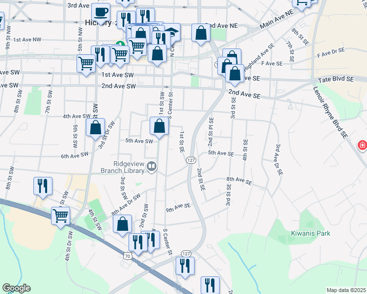 map of restaurants, bars, coffee shops, grocery stores, and more near 456 1st Street Southeast in Hickory