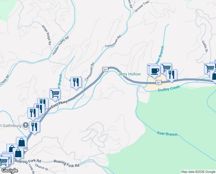 map of restaurants, bars, coffee shops, grocery stores, and more near 1120 Greenbriar Village Lane in Gatlinburg