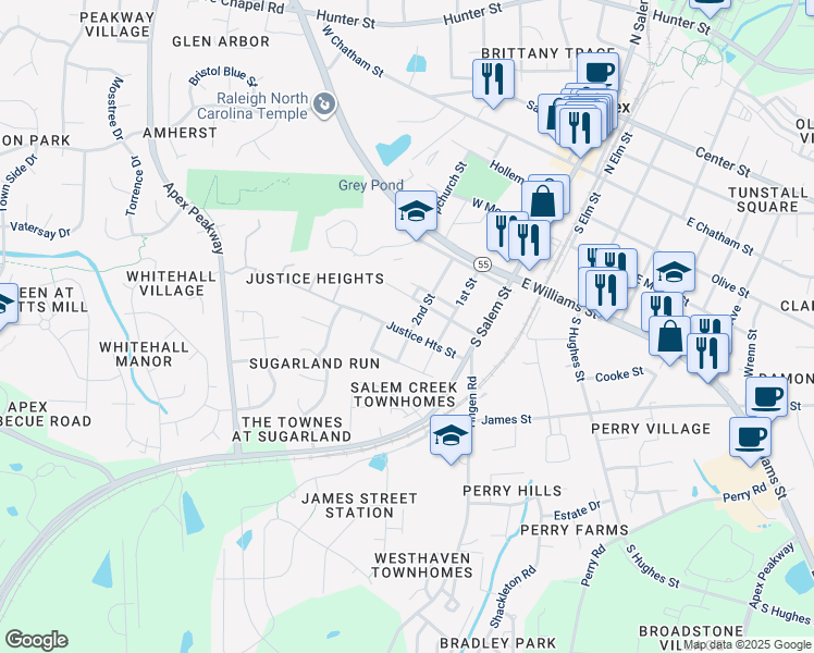 map of restaurants, bars, coffee shops, grocery stores, and more near 300 Justice Heights Street in Apex
