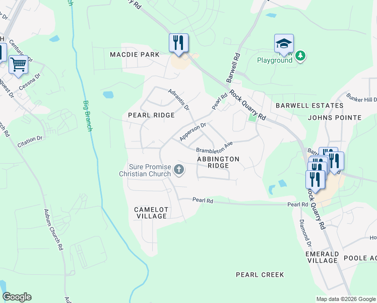 map of restaurants, bars, coffee shops, grocery stores, and more near 5728 Brambleton Avenue in Raleigh