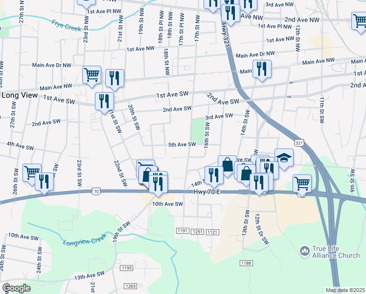 map of restaurants, bars, coffee shops, grocery stores, and more near 1719 5th Avenue Southwest in Hickory