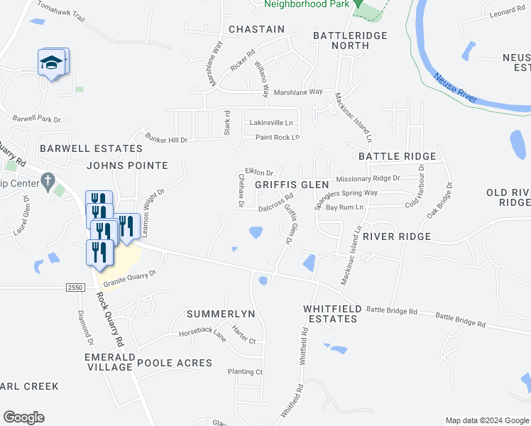 map of restaurants, bars, coffee shops, grocery stores, and more near 4156 Dalcross Road in Raleigh