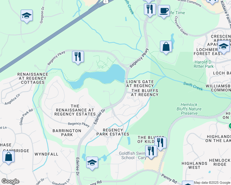 map of restaurants, bars, coffee shops, grocery stores, and more near 200 Lucent Lane in Cary