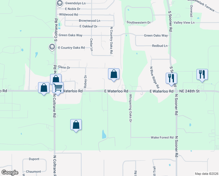 map of restaurants, bars, coffee shops, grocery stores, and more near 6917 Highwater Circle in Edmond