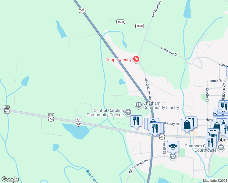 map of restaurants, bars, coffee shops, grocery stores, and more near 216 Ashford Drive in Pittsboro