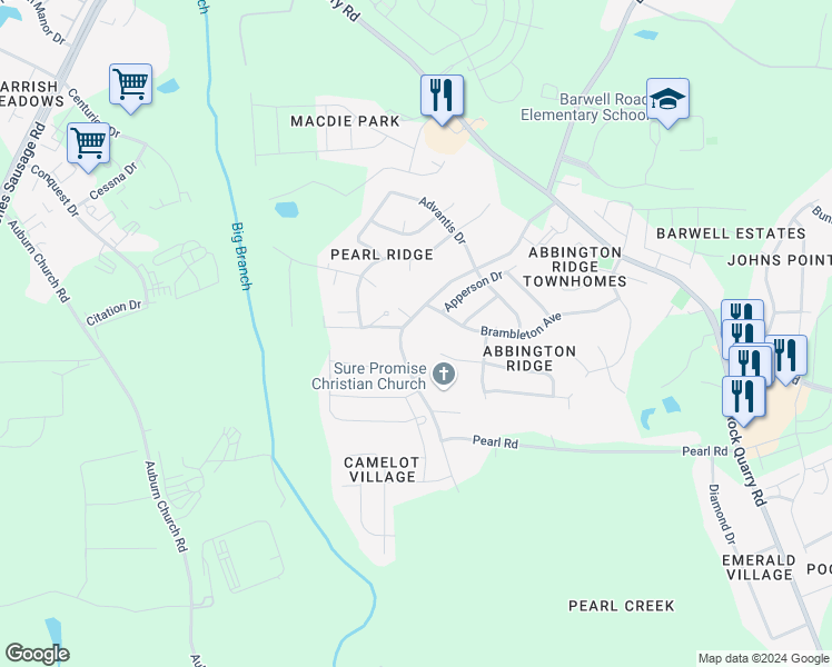 map of restaurants, bars, coffee shops, grocery stores, and more near 4105 Pearl Road in Raleigh